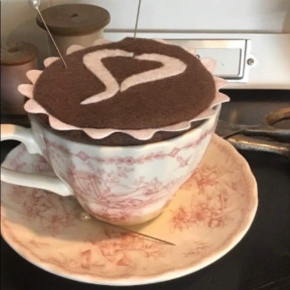 Sewing pin cushion latte heart tea cup & saucer